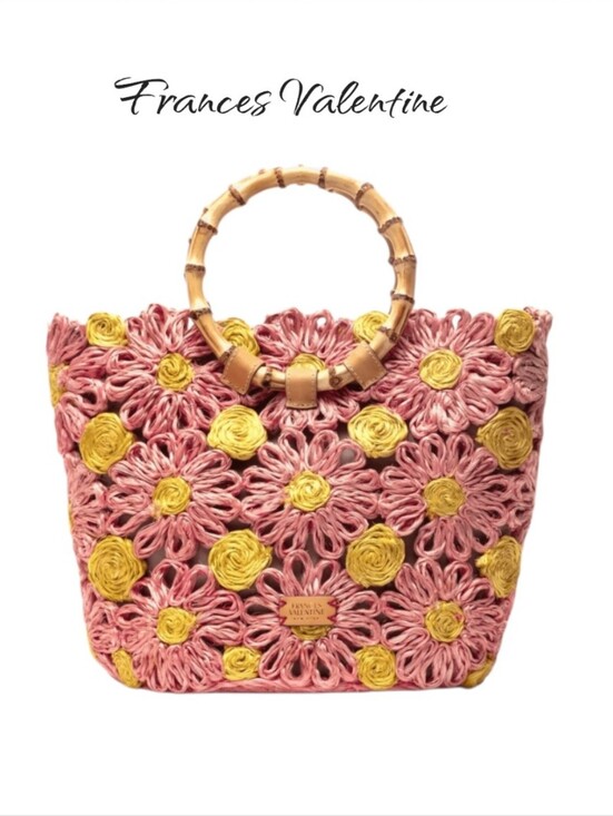Frances Valentine Handbags - Frances Valentine Flora Raffia Tote Bag Pink Yellow Bamboo Handle NWT